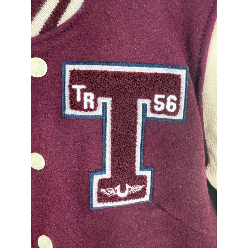 True Religion Richie Varsity Jacket Burgundy Leather Wool Letterman Mens XS - Picture 4 of 6